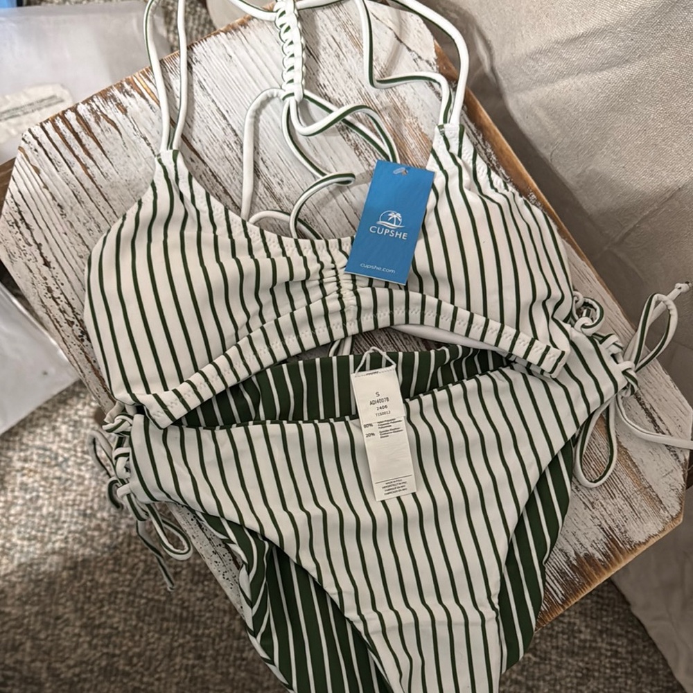Cupshe Green and White Striped Bikini